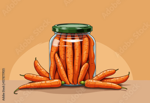 Glass jar filled with fresh carrots on a neutral background  