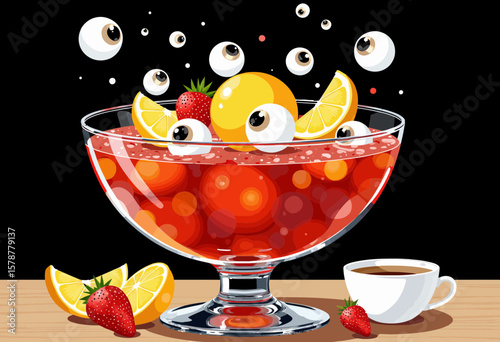 Colorful fruit punch in glass bowl with strawberries and lemon slices  