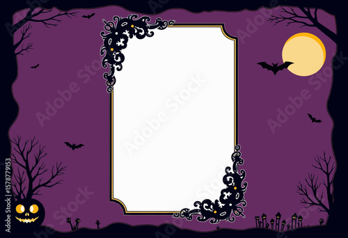 Halloween-themed decorative frame with bats and pumpkin on purple background  