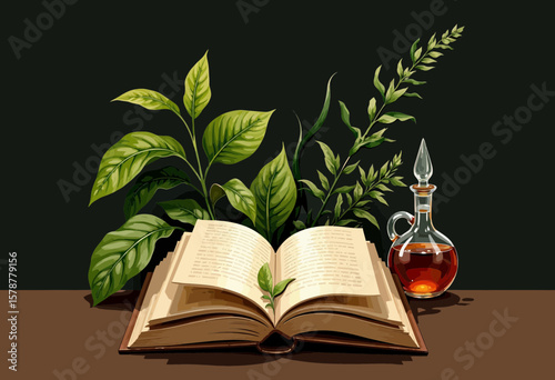 Open book with green leaves and a bottle on wooden table  