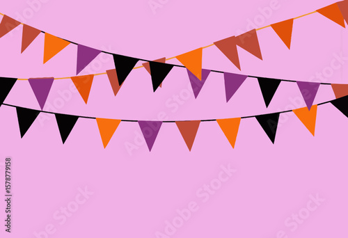 Colorful party bunting flags hanging on pink background  