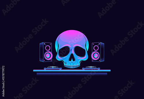 Neon skull graphic with DJ turntables and speakers in dark background  