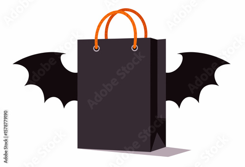 Black shopping bag with bat wings and orange handles for Halloween  