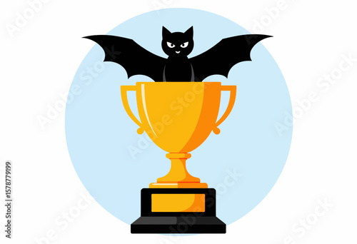 Black bat perched on golden trophy against blue background  