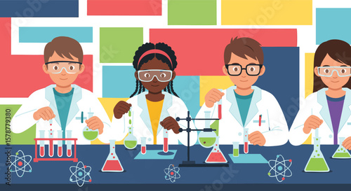 Diverse students doing science experiments in laboratory