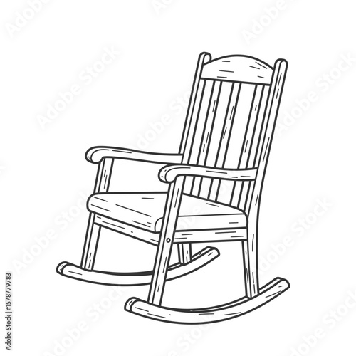 A simple line drawing of a wooden rocking chair with a slatted back and curved rockers.