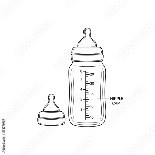 A baby bottle and its nipple cap, illustrated in a simple line drawing style, showing measurements.