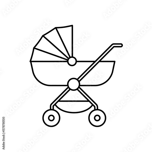Simple black and white illustration of a baby stroller, side view.