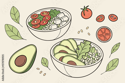 Illustration of two salad bowls with avocado, tomatoes, tofu, and leafy greens on light background