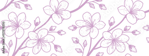 Cherry blossom seamless pattern in soft purple outline, featuring delicate flowers and buds on branches, ideal for spring-inspired designs, fabrics, wallpapers, and elegant backgrounds.
