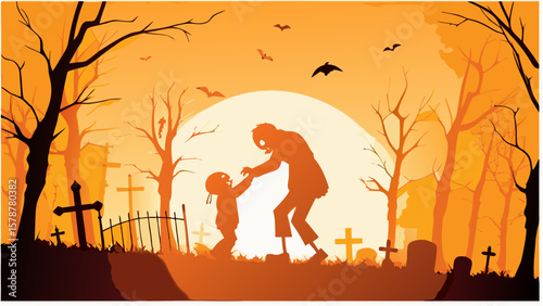 Sunset over the park silhouettes a witch and bats flying near a tree with an orange sky, capturing the dark autumn nature of Halloween night