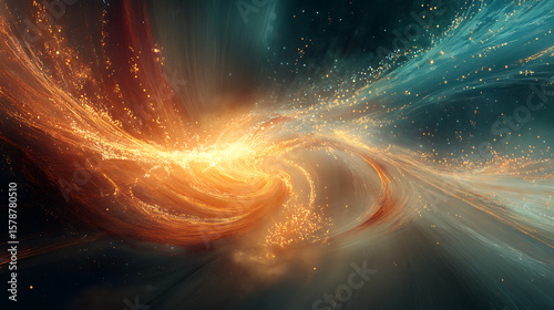 A colorful, swirling galaxy with orange and blue streaks. The colors are bright and vibrant, creating a sense of energy and movement. The image is abstract and surreal, with the swirling patterns