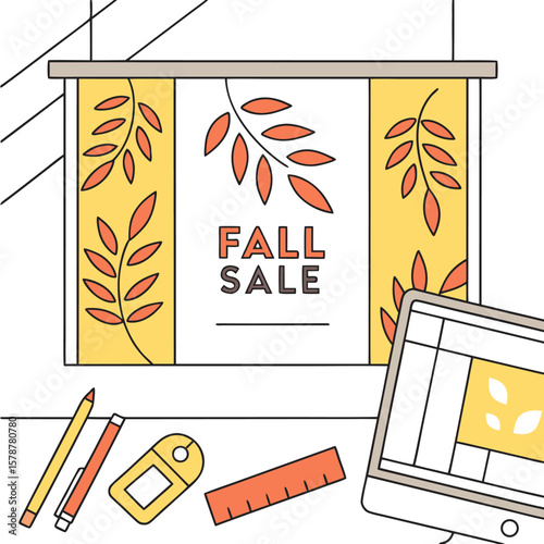 Fall sale banner with leaf decorations hanging above a desk with art supplies and a computer screen display