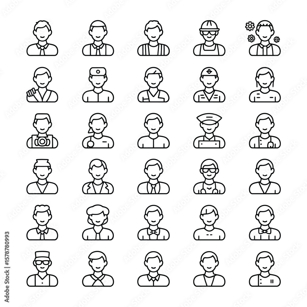 Fototapeta premium Collection of Thirty Six Black Outline Icons Depicting Diverse Professions Including Doctor Nurse Engineer Chef and More on White Background
