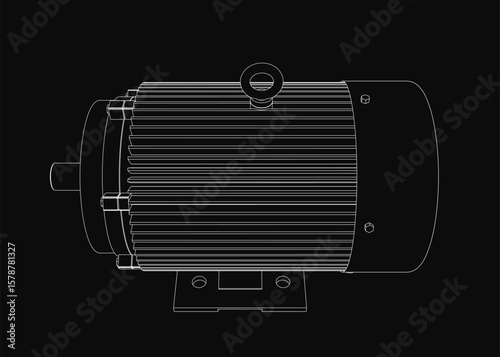 Black and white electric motor drawing with detailed components and visible wires on a dark background. The contour illustration highlights the engine's mechanical structure and electrical.