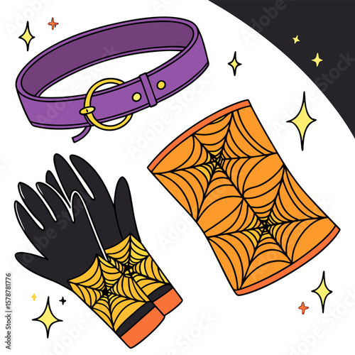 Illustration of a purple collar, black gloves with spiderwebs, and an orange spiderweb cloth item
