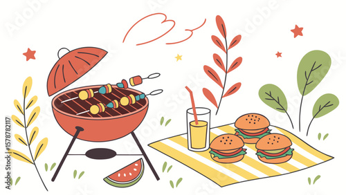 Illustration of a barbecue grill with skewers, burgers, juice and watermelon on a picnic blanket