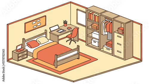 Isometric view of a bedroom with bed desk chair wardrobe and various items in a cozy setting style