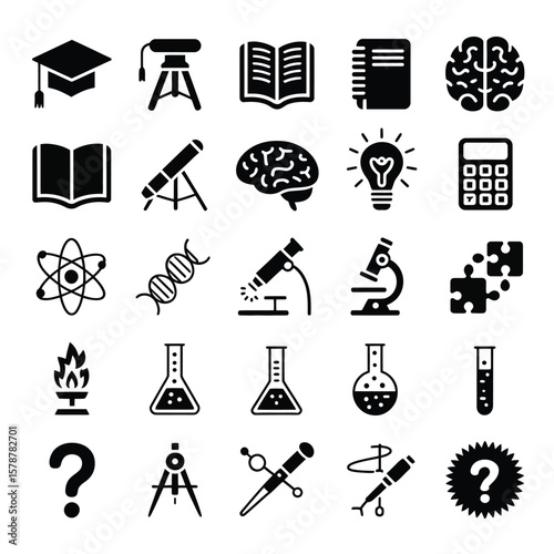 Collection of Twenty Five Black Glyph Icons Representing Education Science and Research Concepts Including Graduation Cap Microscope Test Tubes Brain Atom D N A and Question Marks