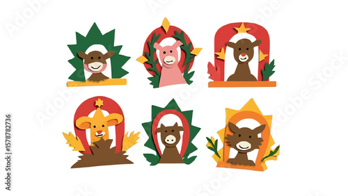 Colorful handmade reindeer and pig ornaments craftily designed evoke holiday cheer, each animal framed by vibrant foliage and festive stars against a pure white background.