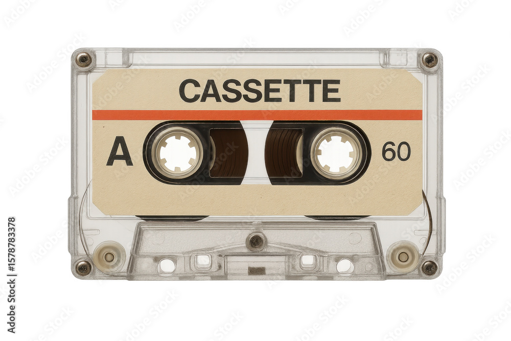 Fototapeta premium Vintage audio cassette tape close-up, transparent background highlighting analog music storage technology from past decades