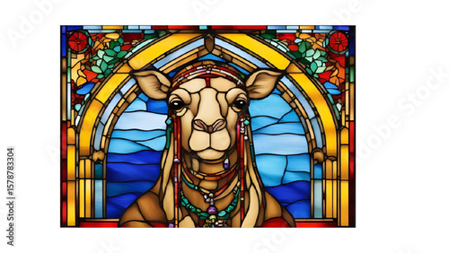 The stunning stained glass artwork portrays an ornamented camel against an arched backdrop, making it ideal for religious themes or unique artistic endeavors.