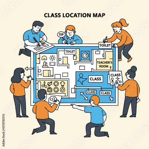 Flat Style Detailed Class Location Map with People Illustration