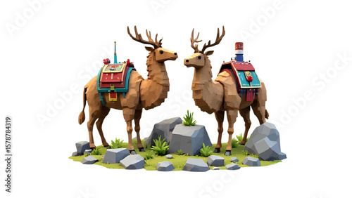 Two stylized caribou stand on a rocky patch of ground with decorative packs on their backs in this digital rendering with a transparent background.