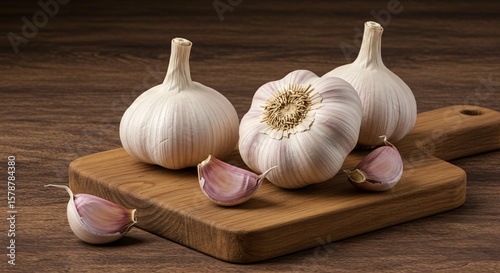 Three garlic bulbs and several cloves arranged on a wooden cutting board on a wooden surface top view