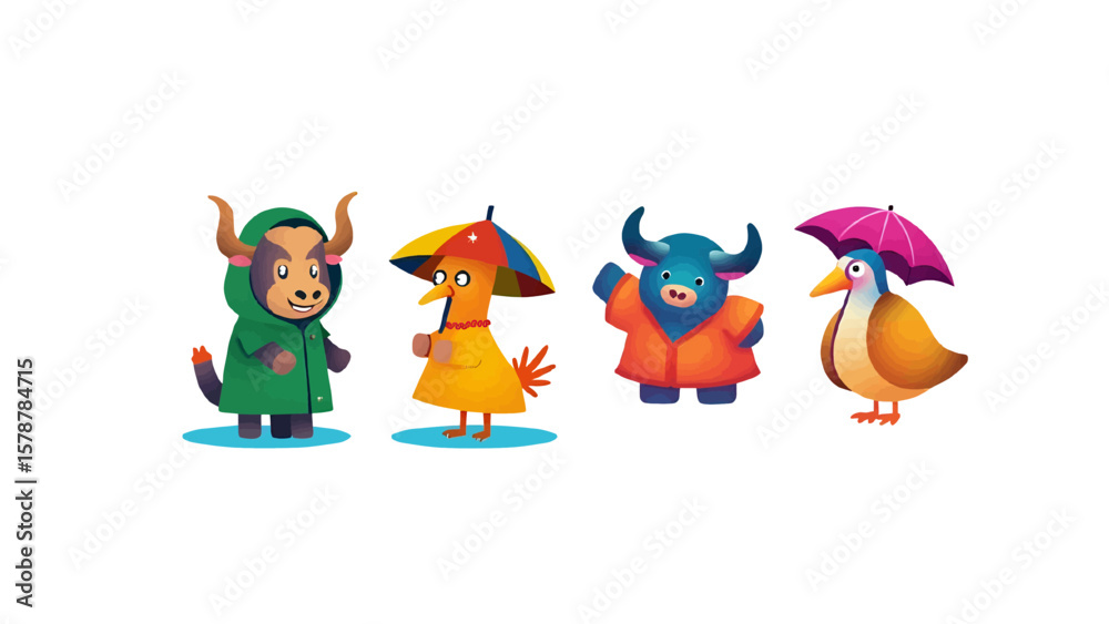 Fototapeta premium Cartoon bull and ducks are depicted with umbrellas and raincoats, presenting a colorful and whimsical illustration perfect for children's content about animals.