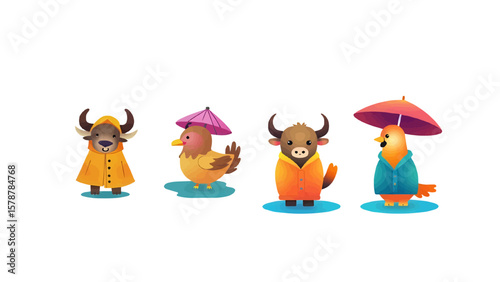 Cartoon animals, including birds and yaks, wear raincoats and hold umbrellas against a white background creating a whimsical, playful scene for children's illustrations.