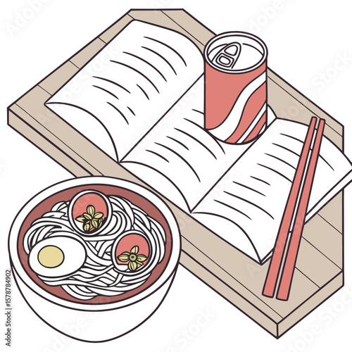 Overhead view of a ramen bowl, a soda can, and chopsticks on an open book sitting on a wooden tray