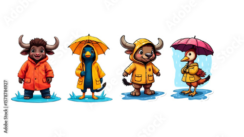 Cute cartoon animals are prepared for rainy weather, depicted wearing raincoats and holding umbrellas against a white background in a delightful illustration.