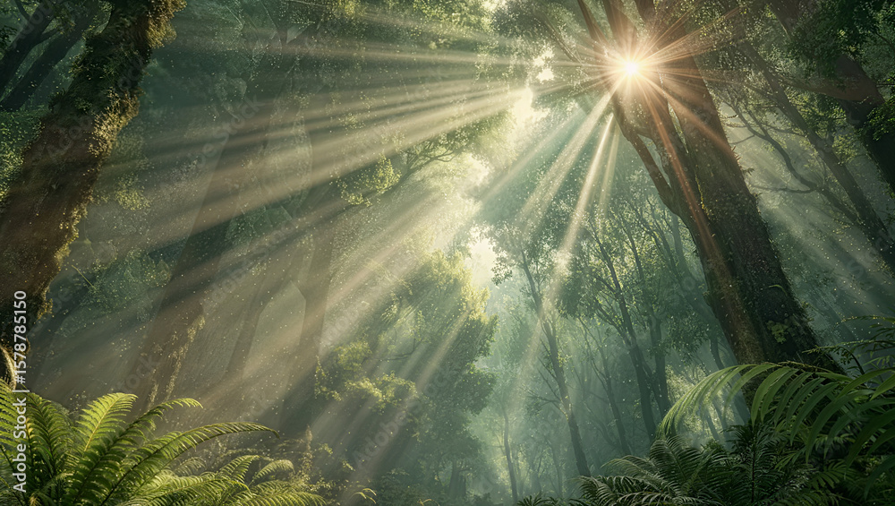 Obraz premium Magical Rays of Sunlight Filtering Through Leaves in a Summer Forest - forest scene
