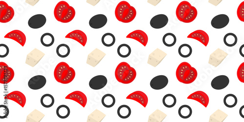 Cheese cubes Tomato slices and Olives Salad ingredients Seamless Pattern Healthy Food Theme Backdrop