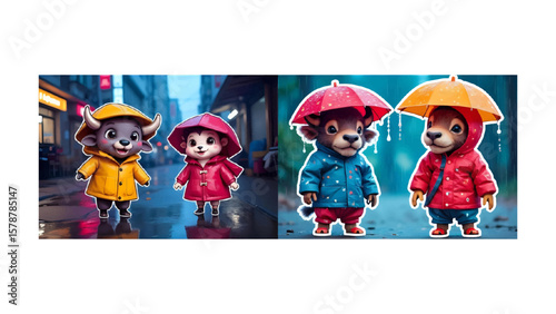 Adorable animal cartoons brave rainy weather with colorful umbrellas and raincoats in cheerful companionship, set against blurred backgrounds showing both urban and natural environments.