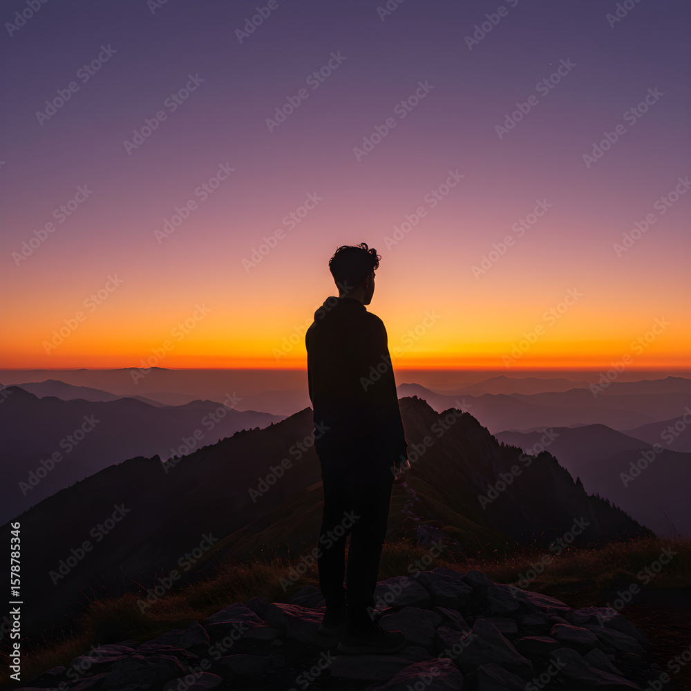 Fototapeta premium Silhouette of a Man on a Mountain Peak at Sunset | Backlit Figure Contemplating the Landscape for Solitude, Adventure, and Outdoor Lifestyle