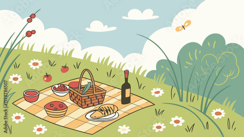 A picnic scene with a basket, wine, and food on a blanket in a field under a cloudy sky with butterfly
