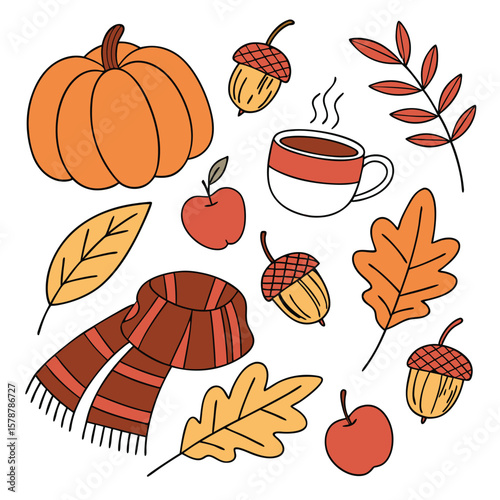 Illustration of autumn elements including a pumpkin acorns leaves apples scarf and a hot drink mug