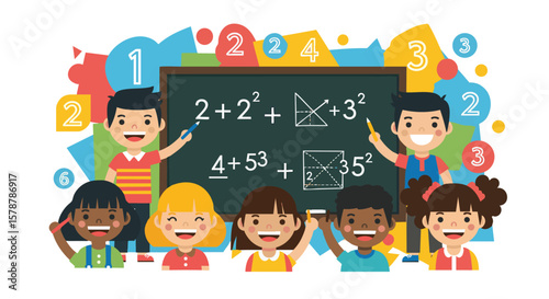 Happy children learning math with numbers and blackboard