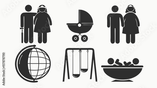 Family icons show parents, children, and baby accessories, isolated on white background