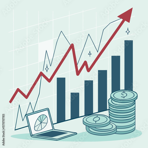 An upward trending graph with coins and a laptop showing growth