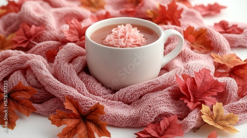 Warm drink with foam and autumn leaves cozy scene
