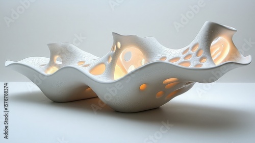 White ceramic sculpture with holes and light