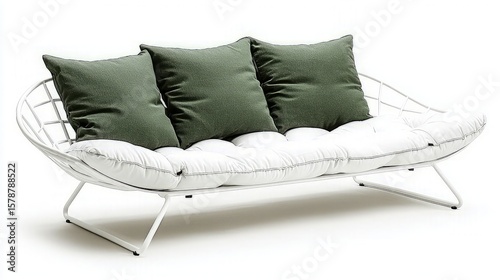 White metal frame sofa with green cushions indoors