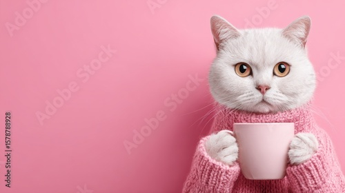 Adorable white cat in pink sweater holding pink cup against a soft pastel pink background
