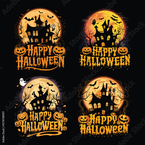 Haunted houses full moon bats pumpkins halloween