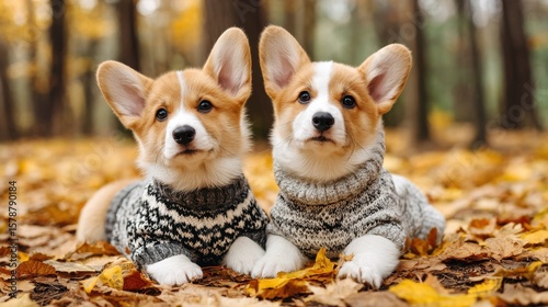 Fototapeta Naklejka Na Ścianę i Meble -  Adorable Corgi puppies wearing cozy knit sweaters lying on colorful fall leaves in a forest during a crisp autumn day.