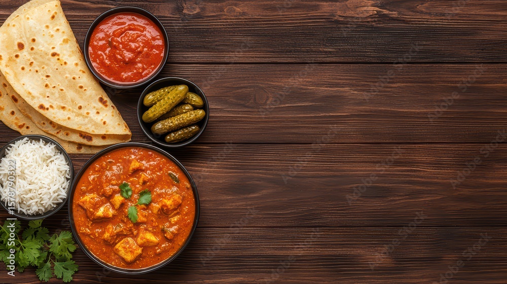 Delicious Indian Chicken Curry with Basmati Rice, Naan Bread, Pickles, and Tomato Chutney on a Rustic Wooden Table Delicious Indian Chicken Curry with Basmati Rice, Naan Bread, Pickles, and Tomato Chutney on a Rustic Wooden Table