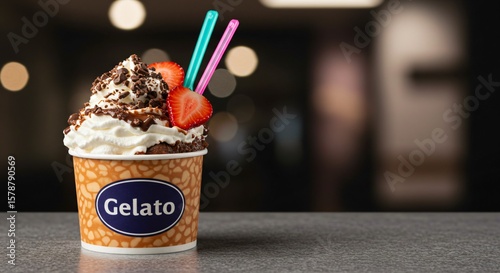 A gelato cup with whipped cream chocolate shavings and strawberry slices on a gray surface with straws